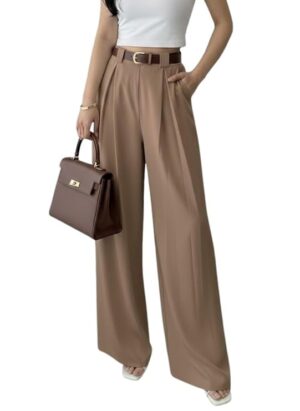 SMOWKLY Women’s Korean Style Loose Fit Wide Leg Trousers | Cotton Blend Pleated Palazzo Pants with Elastic Back Waist | High Waist Office & Casual Wear | Stretchable & Breathable